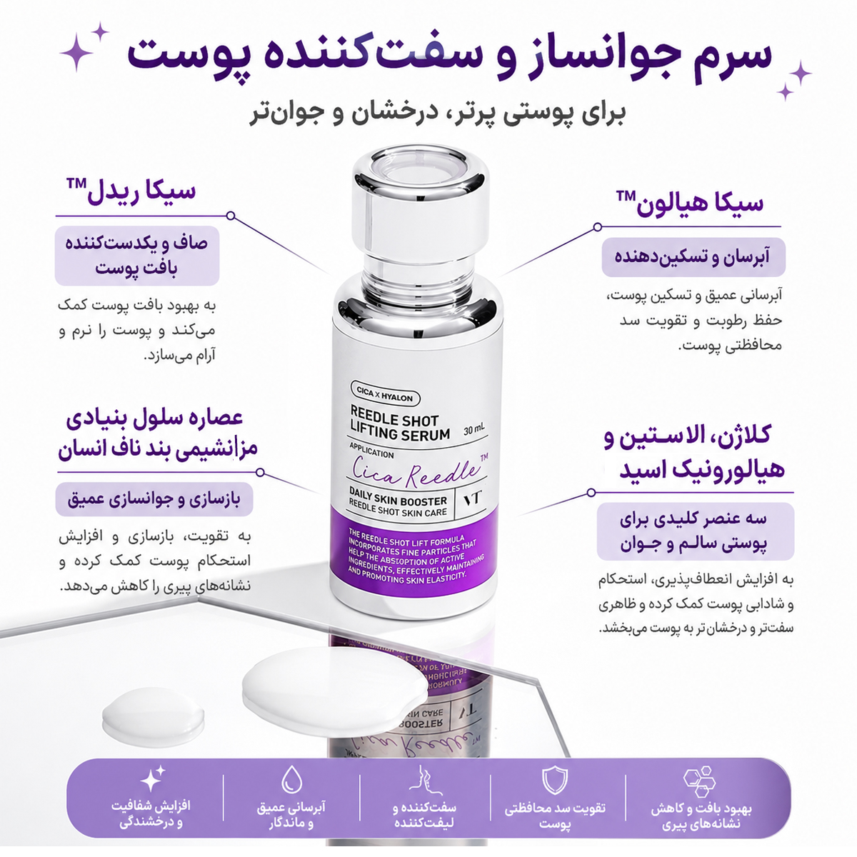 سرم لیفتینگ ریدل شات وی تی کازمتیک 4 ترکیبات سرم لیفتینگ ریدل شات وی تی کازمتیک